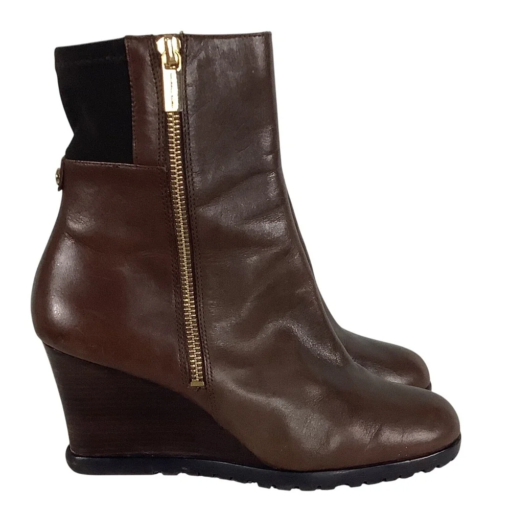 Michael Kors‎ Brown Leather Wedge Ankle Boots Gold Zip Lug Sole Womens 7.5M
